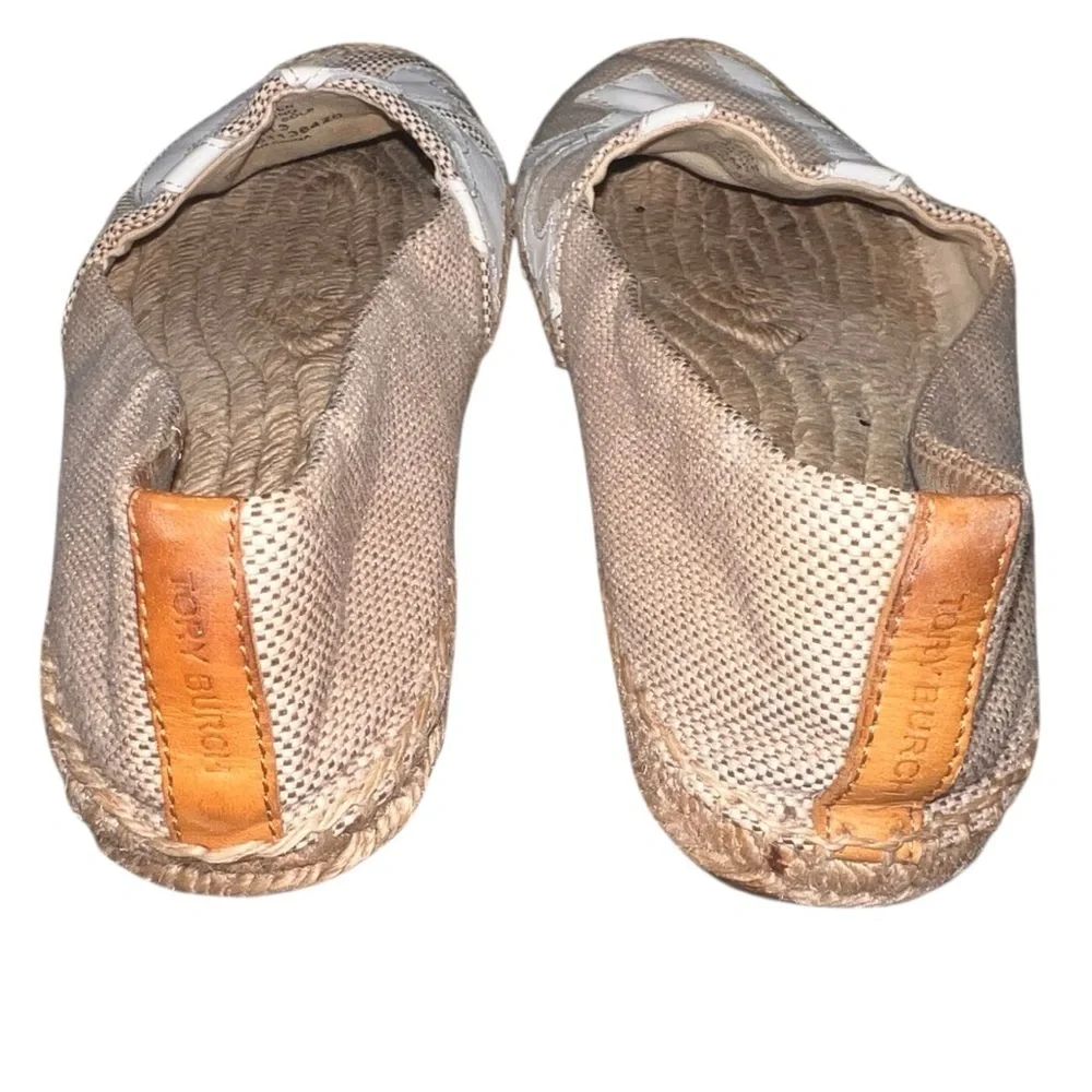 Tory Burch Tan Canvas Espadrilles White & Camel Leather Accents Size 7.5 Neutral